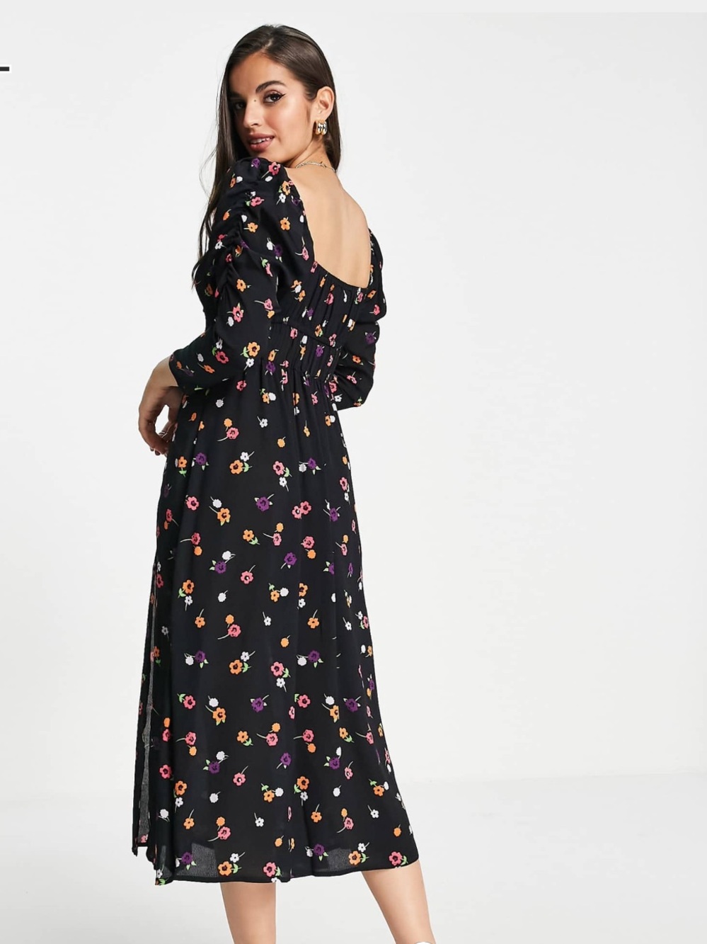 Miss Selfridge Black Floral Midi Dress with Puff Sleeves - Picture 2 of 3